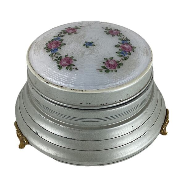 Vintage 1930's Round Aluminum Powder Puff Footed Lidded Music 24K Gold Feet 3.5” - Picture 1 of 7